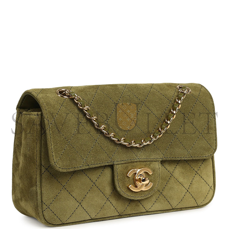 Ch**el MASTER MINI SOUPLISSIMO FLAP BAG KHAKI SUEDE GOLD HARDWARE (20*13*6cm)